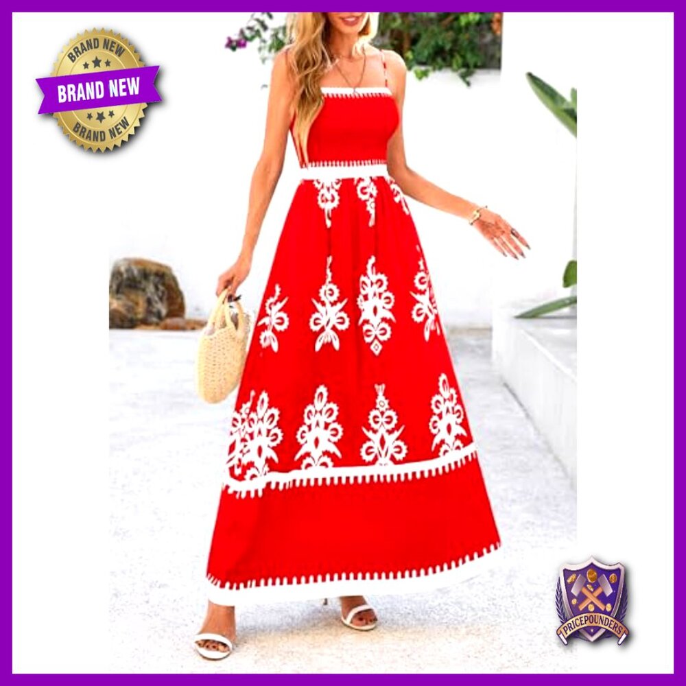 Floral Maxi Dress Boho Spaghetti Strap Smocked Fit and Flare Summer Vacation - Picture 6 of 7